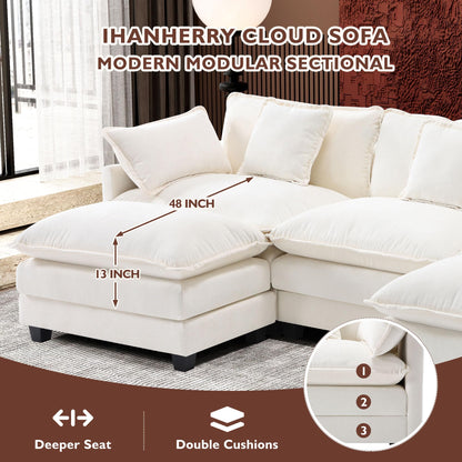 Ihanherry 111.4" L Shaped Modern Sofa Modular Sectional Cloud Couch with Ottoman, 4-Seat Chenille Deep Seat Sofa with Pillow for Living Room, Bedroom and Apartment, Beige