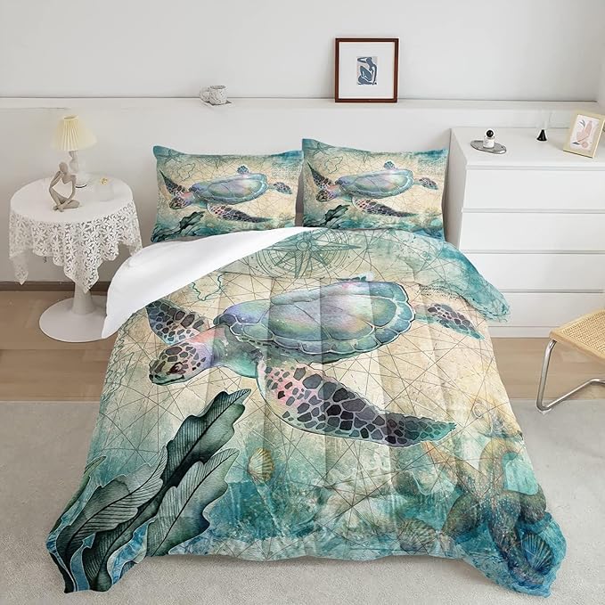 CVHOUSE Sea Turtle Comforter Sets King for Ocean Lovers,Turtle Beach Bedding Sets King Set,Turtle Bedspread,Turtle Duvet,Turtle Bed Set,Turtle Quilt Set 3 Pcs 1 Comforter and 2 Pillowcases
