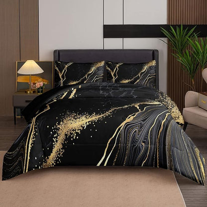 Tailor Shop Marble Bedding Set Soft Microfiber Black and Gold Comforter Set Twin Size for Kids Men and Women with 1 Marble Comforter and 1 Pillowcase