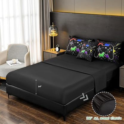 DORCAS Twin Size Gamer Comforter Set with Sheets for Boys,Game Console Black Bedding Set for Kids,6 Pieces Bedding Set Boys Colorful Graffiti Gaming Comforter,Sheets,Pillowcases (Black, Twin)
