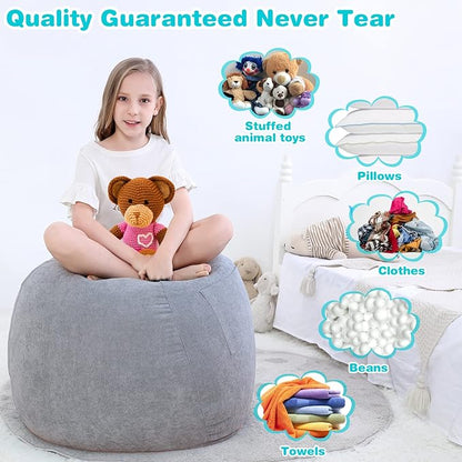Stuffed Animal Storage Bean Bag Chair Cover (No Filler) for Kids and Adults.Soft Premium Corduroy Stuffable Beanbags for Organizing Children Plush Toys or Memory Foam Small 100L (Grey)