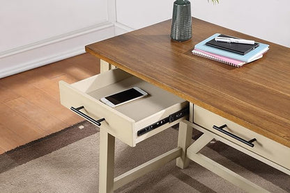 OSP Home Furnishings Milford Rustic 42 Inch Writing Desk with 2 Drawers and Burnished Decorative Hardware, Antique White