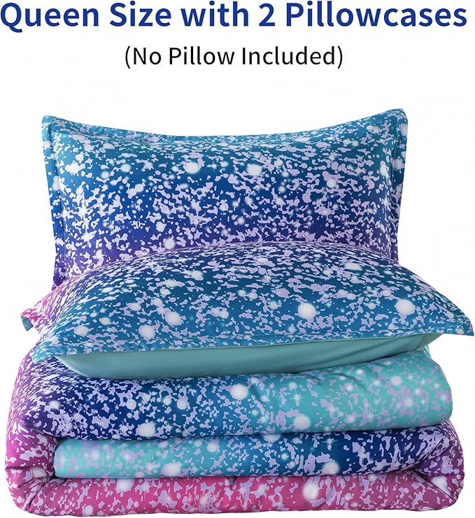 Litanika Galaxy Comforter Queen(90x90lnch), 3 Pieces(1 Blue Glitter Ombre Comforter, 2 Pillowcases), 3D Colorful Rainbow Bedding Set, Microfiber Comforter Set for Kid Boy Girl Teen