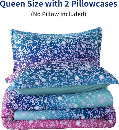 Litanika Galaxy Comforter Queen(90x90lnch), 3 Pieces(1 Blue Glitter Ombre Comforter, 2 Pillowcases), 3D Colorful Rainbow Bedding Set, Microfiber Comforter Set for Kid Boy Girl Teen