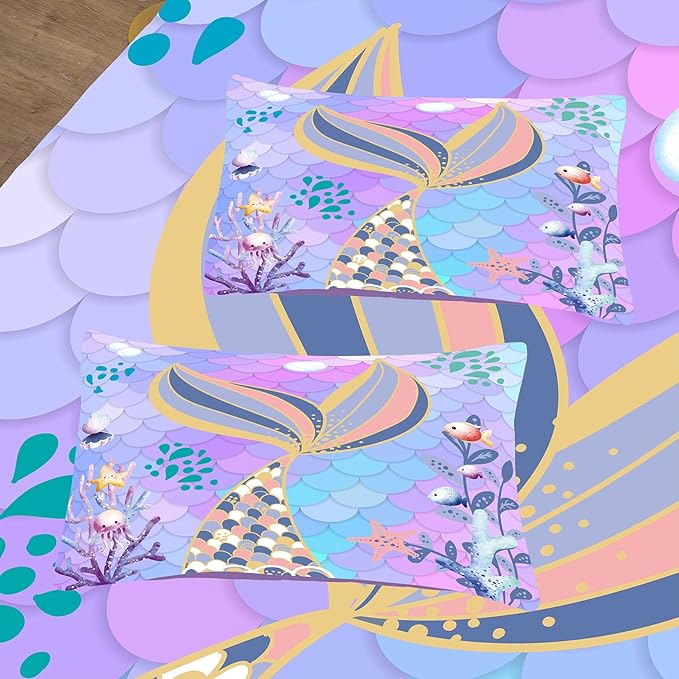 NINENINE Mermaid Tail Bedding Sets,Teal Purple Mermaid Comforter Set for Kids,Full Size Comforter Sets for Girls,Colorful Glitter Bedding Set with 1 Comforter 2Pillowcases…