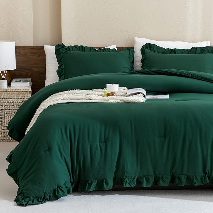 Andency California King Comforter Set Dark Green (104x96Inch), 3 Pieces Cal King Ruffle Comforter, Oversized Farmhouse Shabby Chic Bed Comforter, Lighteweight and Soft Microfiber Bedding Set