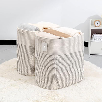 Extra Blanket,Storage Baskets for Clothes Fabric Cotton Rope Storage Basket with Handles, Decorative Woven Basket for Living Room,Laundry Basket Closet Organizer Blankets, and Toys 2bags