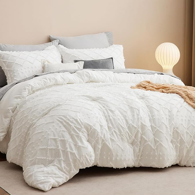 Bedsure Twin/Twin XL Comforter Set - Ivory Boho Twin Extra Long Comforter Set for College, Shabby Chic Dorm Bedding Set, 2 Pieces Modern Farmhouse Bed Set, includes 1 Pillow Sham