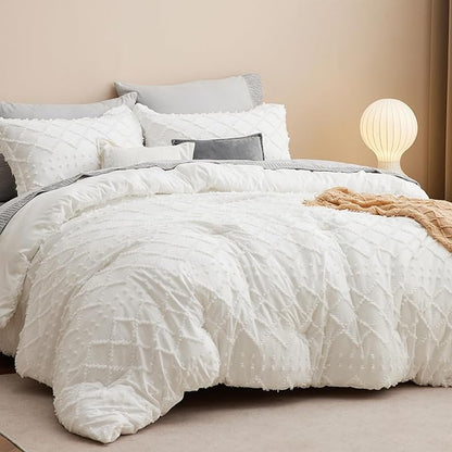 Bedsure King Size Comforter Set - Ivory Boho Comforter, Tufted Shabby Chic Bedding Comforter Set, 3 Pieces Vintage Farmhouse Bed Set for All Seasons, Fluffy Soft Bedding Set with 2 Pillow Shams