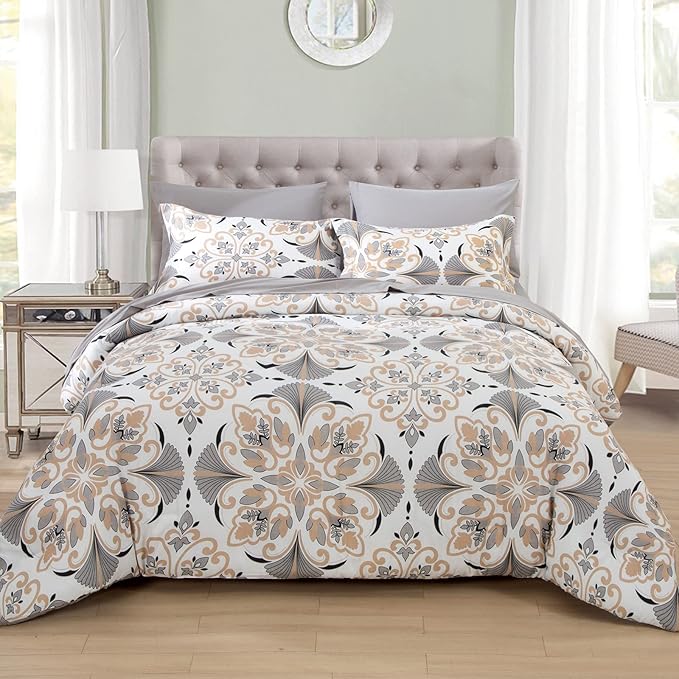 EMME Twin Comforter Set - Grey White Floral Bedding Set 5 PCS with Geometric Flowers Pattern, Soft Plant Printed Botanical Bed Set with Sheets,Fluffy Bed Bag for All Season(68"X90")