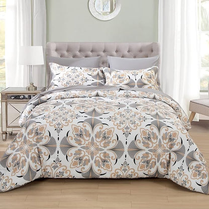 EMME Twin Comforter Set - Grey White Floral Bedding Set 5 PCS with Geometric Flowers Pattern, Soft Plant Printed Botanical Bed Set with Sheets,Fluffy Bed Bag for All Season(68"X90")