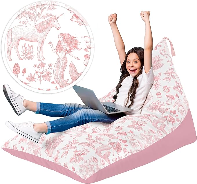 Stuffed Animal Bean Bag Storage - Machine Washable Bean Bag Chair for Kids - Extra Large Cover for Stuffing with Plush Toys, Pillows, Soft Items - Stuffed Animal Holder Girls - Pink Unicorn Mermaid