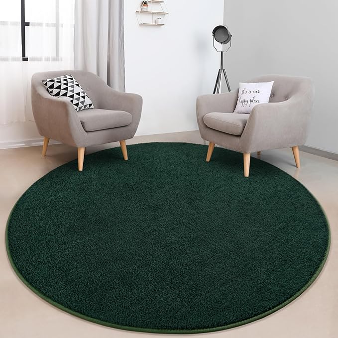 Round Area Rugs for Bedroom Living Room, 5x5 Dark Green Super Soft Comfy Thickened Memory-Foam Indoor Circle Carpet, Modern Aesthetic Minimalist Carpet for Boys Girls Adults Nursery Home Décor