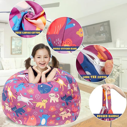 Stuffed Animal Storage Bean Bag Chair Cover, Hold Kids Plush Toys Blankets Towels Beanbag (Cover Only), Canvas Floor Circle Stuff Sit Seat Sofa with YKK Zipper, Extra Large 38", Cat