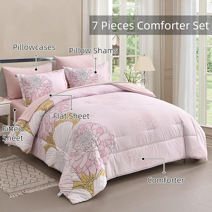 Pink Colorful Comforter Set King Size 7 Piece Floral Bed in a Bag Comforter for All Season Soft Microfiber Bedding Set for Teen Girls Women (103"×90")