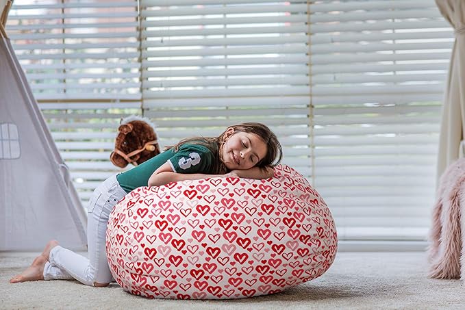 Wekapo Stuffed Animal Storage Bean Bag Chair Cover for Kids | Stuffable Zipper Beanbag for Organizing Children Plush Toys Large Premium Cotton Canvas (Heart, X-Large)