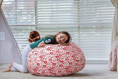 Wekapo Stuffed Animal Storage Bean Bag Chair Cover for Kids | Stuffable Zipper Beanbag for Organizing Children Plush Toys Large Premium Cotton Canvas (Heart, X-Large)