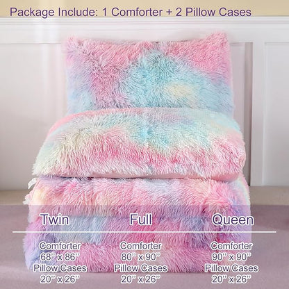 WINLIFE Shaggy Faux Fur Comforter Set Flannel Fuzzy Bedding Set Long Hair Fluffy Plush Comforter Sets Gradient Ombre Tie Dye MultiColor Bedding for Girls Women (3Pcs, Queen, Rainbow)