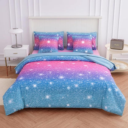 Twin Comforter Set for Girls Galaxy Bedding 7pieces, Ombre Bedding Comforter Sets Rainbow Comforter, Glitter Bedding Twin Teen Comforter Sets for Girls (Blue)