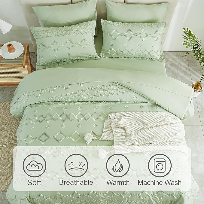 EMME Twin Comforter Set - 5 Pcs Sage Green Boho Bedding Sets, Tufted Comforter with Sheets, Shabby Chic Embroidery Twin Bed Set Fluffy Bed Bag for All Season(68"X90")