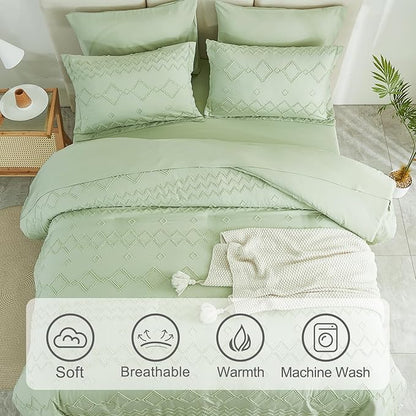 EMME Twin Comforter Set - 5 Pcs Sage Green Boho Bedding Sets, Tufted Comforter with Sheets, Shabby Chic Embroidery Twin Bed Set Fluffy Bed Bag for All Season(68"X90")