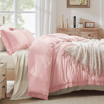 Andency Pink Comforter Set King Size for Girls, Boho Women Tassel Lightweight Bedding Comforter Sets, 3 Pieces All Season Soft Fluffy Fringe Bed Set (104x90In Comforter & 2 Pillowcases)