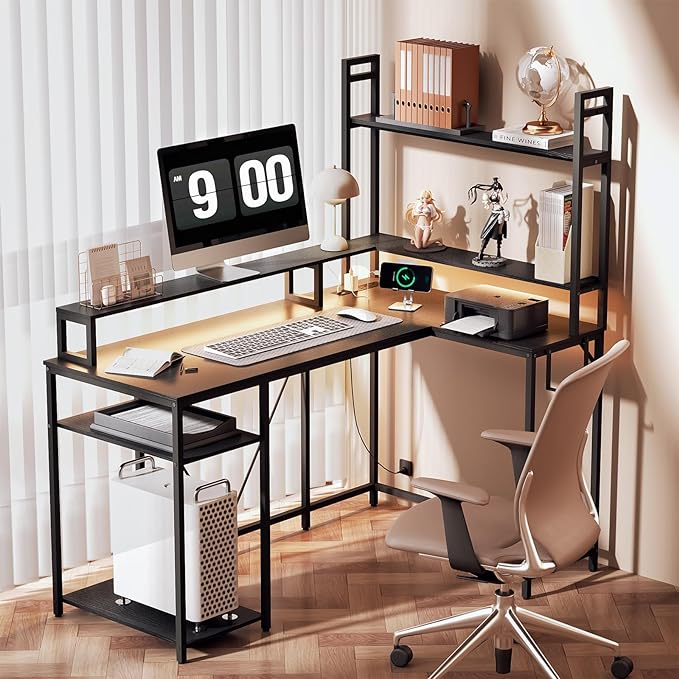 L Shaped Desk with Monitor Stand & Hutch, Computer Gaming Desk with LED Lights & Power Outlets, Home Office Coner Desk with Adjustable Storage Shelves, Black