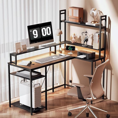 L Shaped Desk with Monitor Stand & Hutch, Computer Gaming Desk with LED Lights & Power Outlets, Home Office Coner Desk with Adjustable Storage Shelves, Black