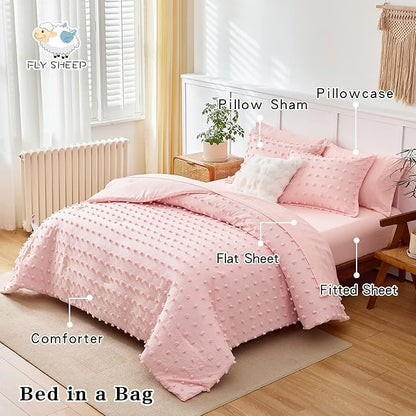 7 Pieces Tufted Dots Bed in a Bag Queen Comforter Set Girls Pink , Soft and Embroidery Shabby Chic Boho Comforters, Luxury Solid Color with Pom Pom Design, Jacquard Tufts Bedding Set for All Season