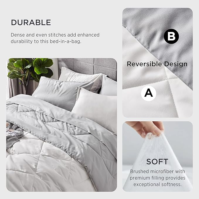 Bedsure White Queen Comforter Set - 7 Pieces Reversible White Bed Set , Bedding Set White with Comforters, Sheets, Pillowcases & Shams, White Bed in a Bag