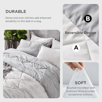Bedsure White Queen Comforter Set - 7 Pieces Reversible White Bed Set , Bedding Set White with Comforters, Sheets, Pillowcases & Shams, White Bed in a Bag