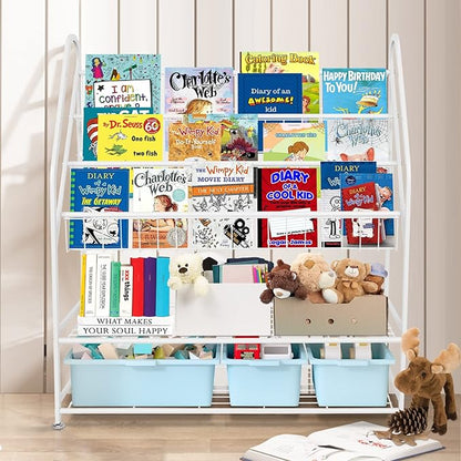 aboxoo Metal Kids Bookshelf Freestanding Bookcase for Children Room 32 in Large Toy Organizer Modern MinimalistWhite Stable Metel Bookstore Bedroom, Living, Library Book Unit Storage