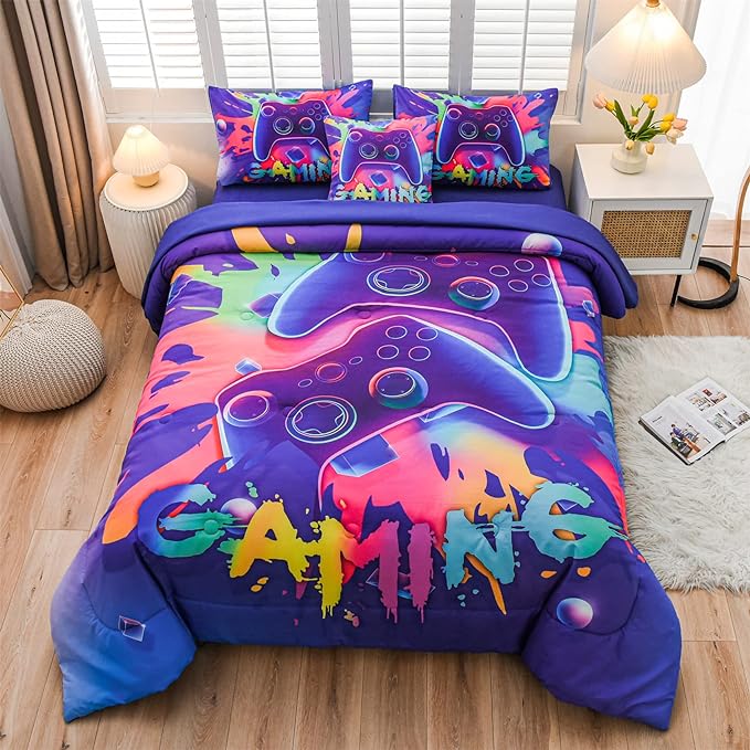 Aimuan Gaming Comforter Sets for Boys Kids Bedding Sets Video Games Console Action Buttons Novelty Colorful Game Gamepad Controller Modern Gamer Room Decor Home Quilt Set (Twin 6 Pcs,Purple)