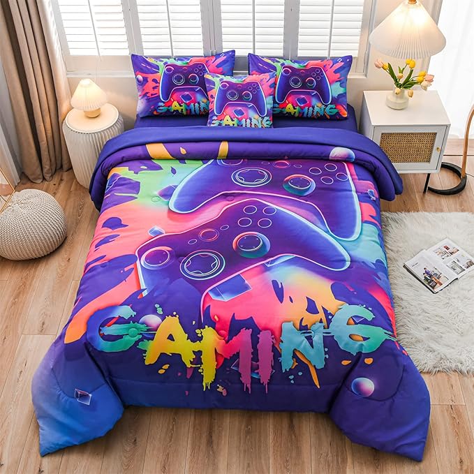 Aimuan Gamer Gaming Bedding Sets 3D Gamepad Comforter Sets for Boys Games Console Action Buttons Novelty Colorful Game Controller Modern Room Decor Home Quilt Set (Purple, Full 6PCS)