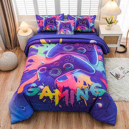 Aimuan Gamer Gaming Bedding Sets 3D Gamepad Comforter Sets for Boys Games Console Action Buttons Novelty Colorful Game Controller Modern Room Decor Home Quilt Set (Purple, Full 6PCS)
