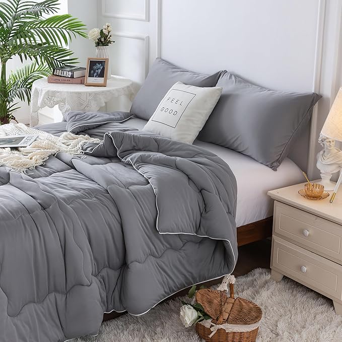 COTTEBED Softness Twin Comforter Sets for Teen Boy Girl Kid College Dorm, Jersey Knit T-Shirt Feel Lightweight Cozy Comfy Quilt Bed Blanket Comforter & Pillowsham All Season Use,Twin/Twin XL Dark Gray