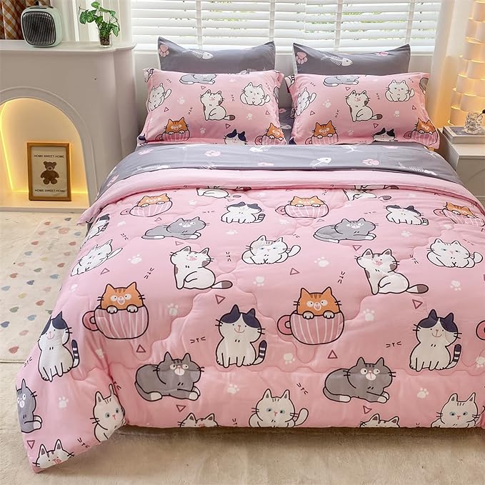 7 Piece Girls Cat Comforter Set Full Size Bed in A Bag Pink Cute Cartoon Pet Cats Bedding Set for Kids Boys Teens (1 Comforter, 1 Flat Sheet, 1 Fitted Sheet, 4 Pillow Sham) Gray