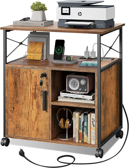 DEVAISE File Cabinet with Charging Station, Lockable Lateral Filing Cabinets for Home Office, Printer Cabinet Accommodates A4/Letter size file folders, Rustic Brown
