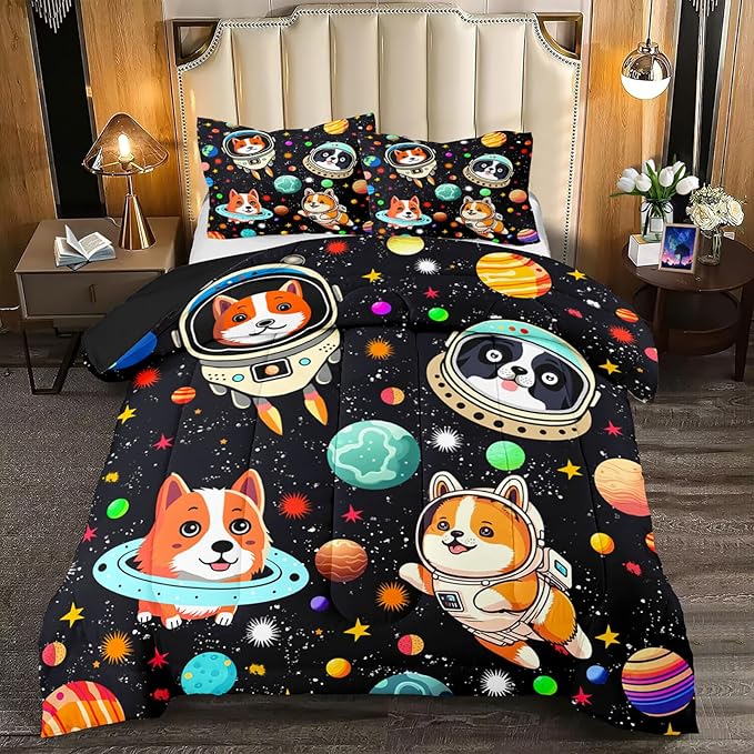 Dog Full Comforter Set for Boys Outer Space Dog Bedding Set Cute Cartoon Dog Astronaut Prints Bedding Kids Comforter Sets 3 Pieces Funny Space Dog Full Size Quilt Set with 2 Pillowcases
