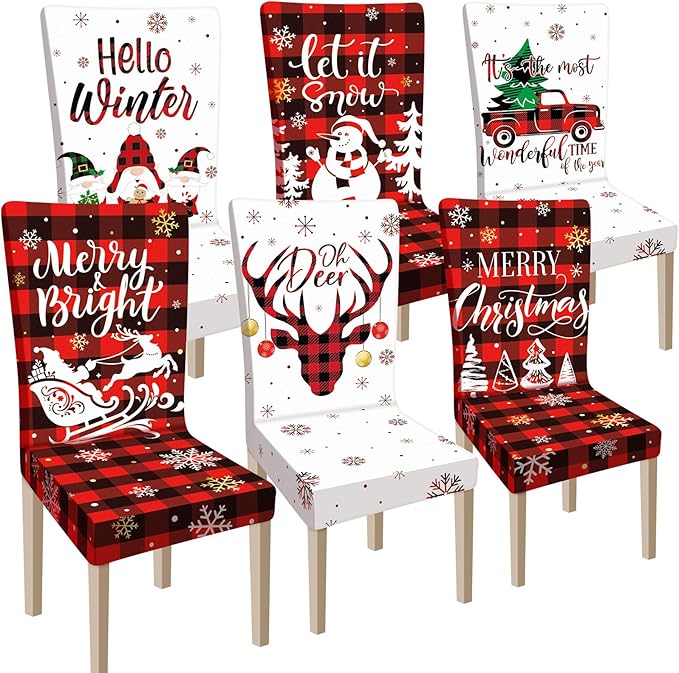 Ganeen 6 Pcs Christmas Chair Covers Merry Christmas Chair Back Cover Stretch Christmas Seat Cover Washable Xmas Dining Chair Protector Slipcover for Dining Room Kitchen Holiday Party (Cute Style)