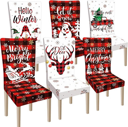 Ganeen 6 Pcs Christmas Chair Covers Merry Christmas Chair Back Cover Stretch Christmas Seat Cover Washable Xmas Dining Chair Protector Slipcover for Dining Room Kitchen Holiday Party (Cute Style)
