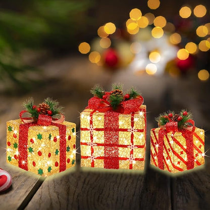 [Large 9.5"x8"x6.5" Christmas Set of 3 Lighted Gift Boxes Decorations Pre-lit 70 Super-Bright LED with Flashers,for Indoor Outdoor Christmas Tree Skirt Ornament Pathway Holiday Party Home