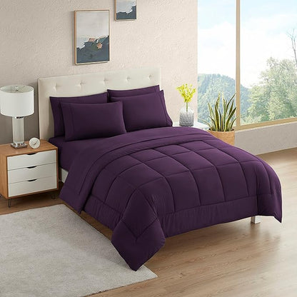 Dorm Room Essentials College Bedding Comforter Set 7 Piece Full Size Bed in a Bag for College Students Boys and Girls, Full, Purple
