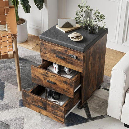 Soohow 3 Drawers Vertical Detachable Cushion Mobile Under Desk File Cabinet with Smart Lock/Casters,Rustic-Black, Large, Brown