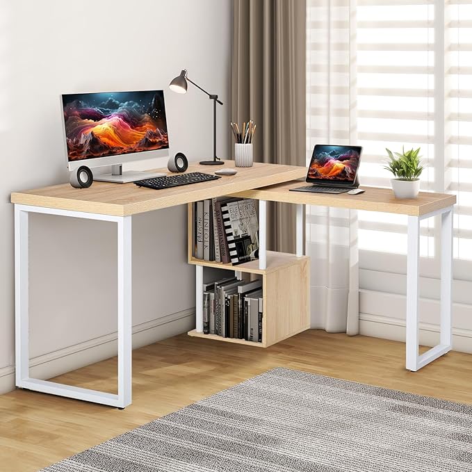 Airdown 55 Inch Reversible L Shaped Home Office Computer Desk with 2-Tier Storage Shelf for Bedroom, Dorm, Study Room, Light Oak