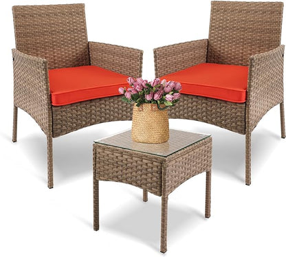 YIYAN 3 Pieces Patio Bistro Set Outdoor Wicker Furniture Outdoor Porch PE Rattan Wicker Chairs Furniture Sets with Sofa Chairs,Glass Coffee Table and Red Washable Cushion