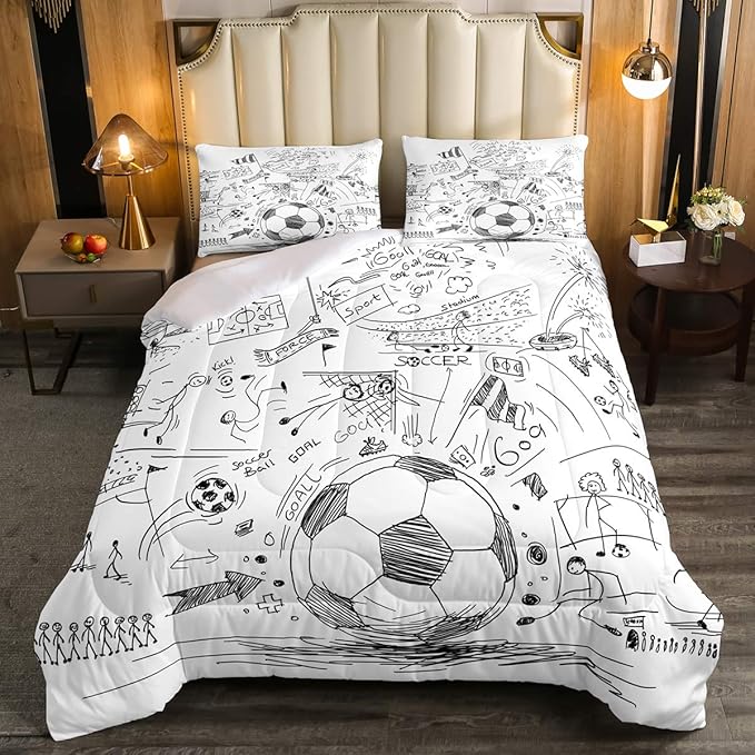 Erosebridal Boys Football Comforter Set Full Hand Drawn Soccer Bedding Set for kids teen men Sports Games down comforter Black White Sketch Quilt Duvet Insert 1 Comforter with 2 Pillow Cases