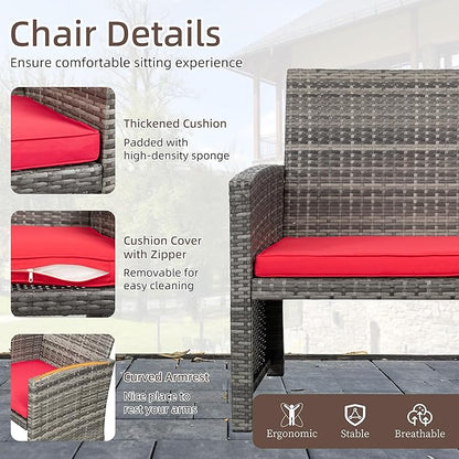 Shintenchi 4-Piece Outdoor Gray Wicker Patio Conversation Furniture Set, Rattan Patio Furniture Set with Weather Resistant Cushions and Tempered Glass Tabletop,Red
