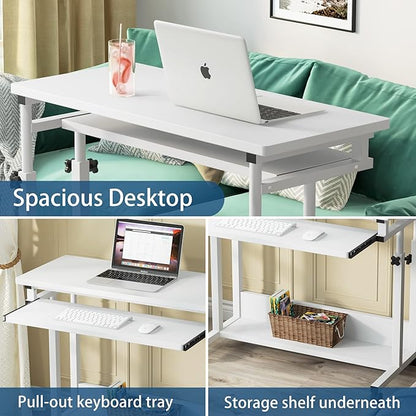Tribesigns Portable Desk for Sofa and Bed, Height Adjustable Mobile Laptop Table Small Standing Desk Rolling Computer Cart with Keyboard Tray on Wheels for Home Office (White)