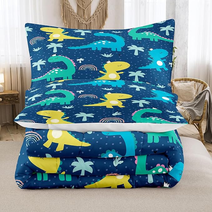 NINENINE Dark Blue Dinosaur Comforter Sets,Full Bedding Sets for Boys,Dinosaur Comforter Sets for Kids,Cartoon Bedding Sets with 1 Comforter 2Pillowcases